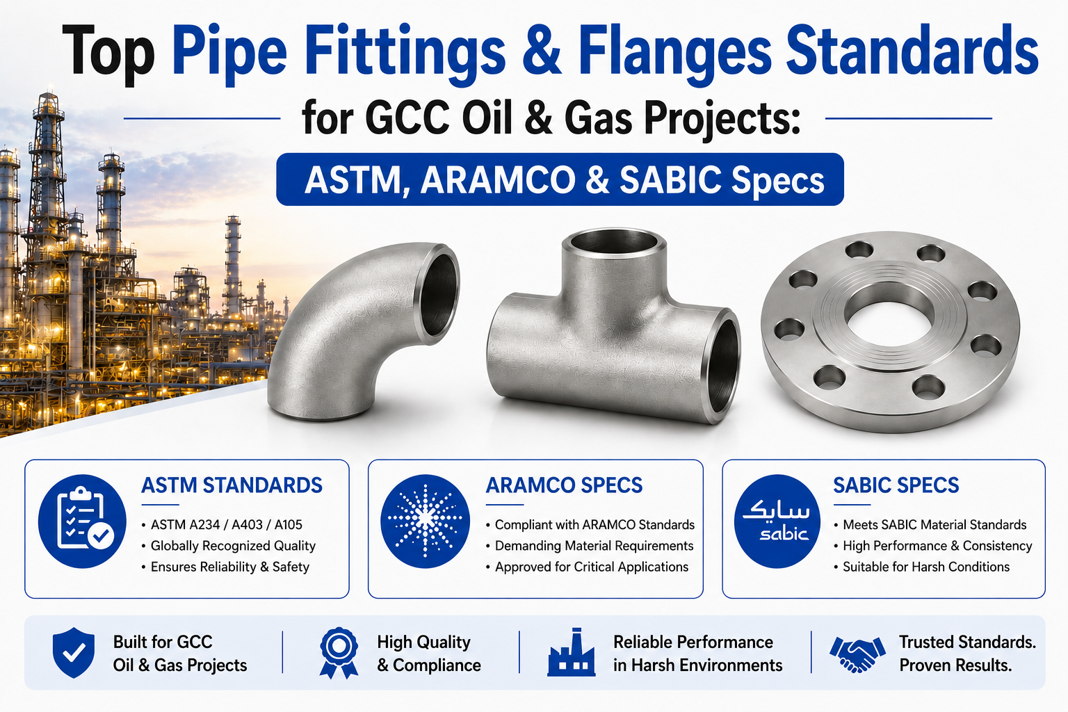 Top Pipe Fittings & Flanges Standards for GCC Oil & Gas Projects: ASTM, ARAMCO & SABIC Specs