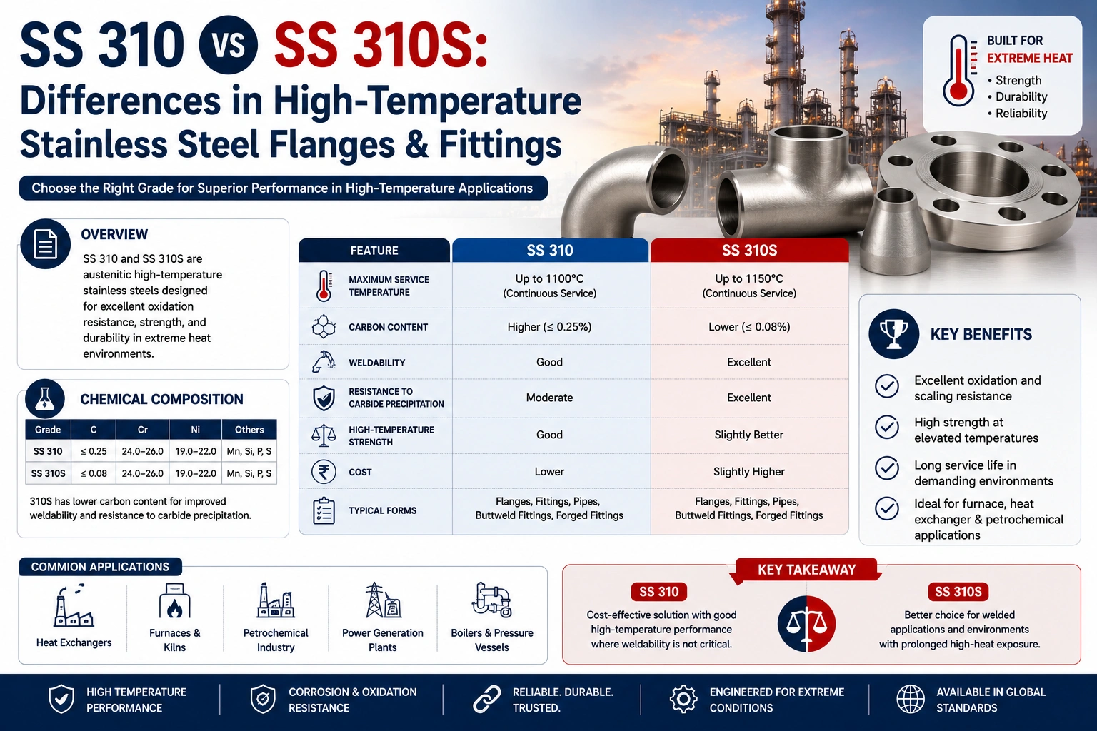 SS 310 vs SS 310S: Differences in High-Temperature Stainless Steel Flanges & Fittings