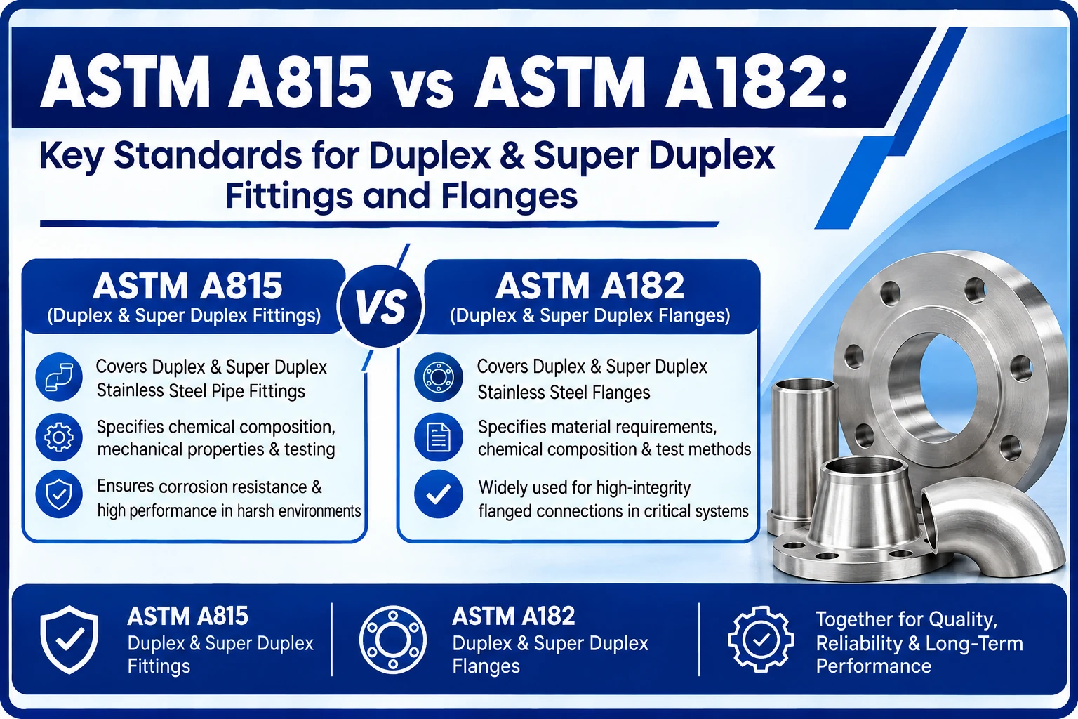 ASTM A815 vs ASTM A182: Key Standards for Duplex & Super Duplex Fittings and Flanges